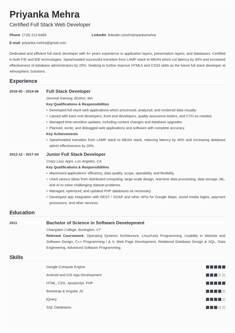 full stack developer resume example