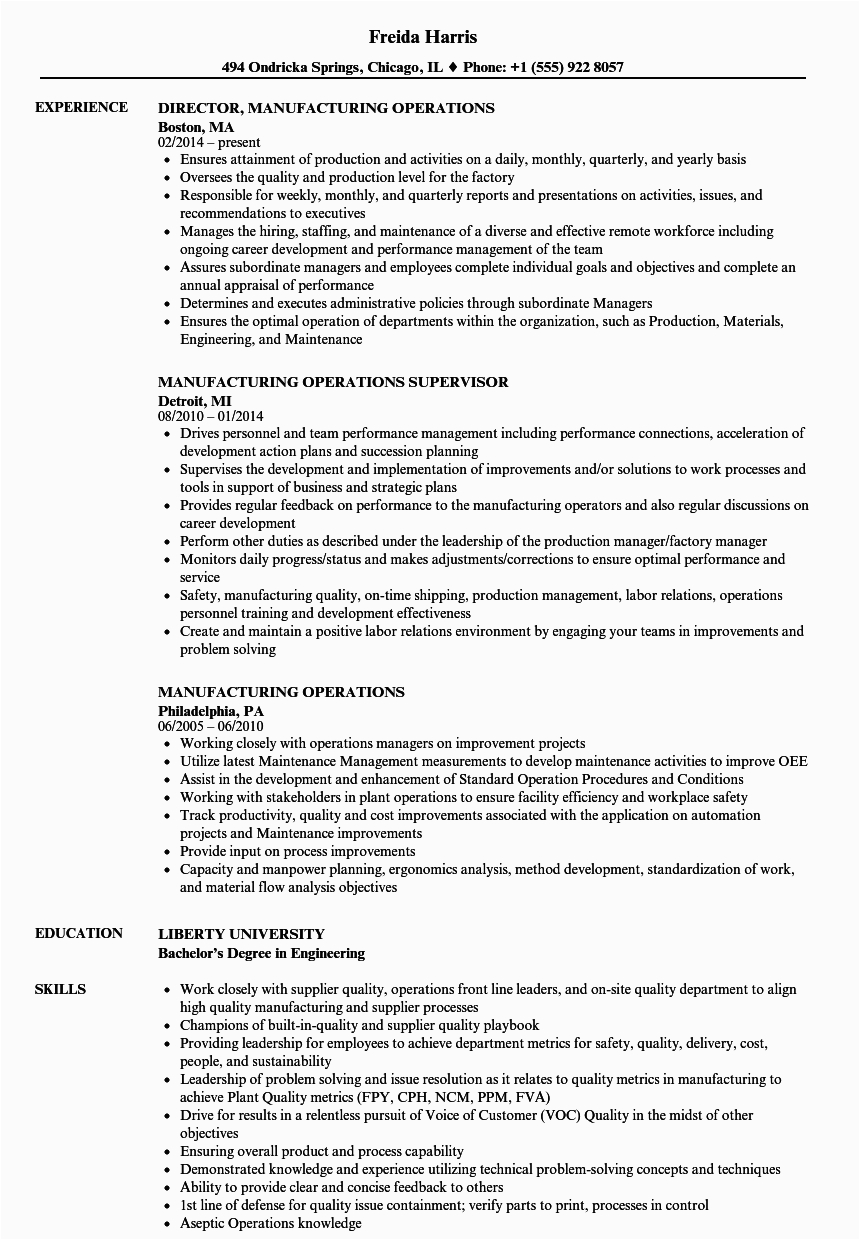 manufacturing operations resume sample