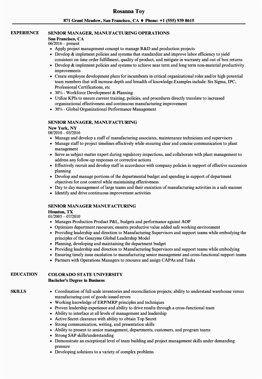 Sample Resume Operations Manager In Manufacturing Senior Manager Manufacturing Resume Samples