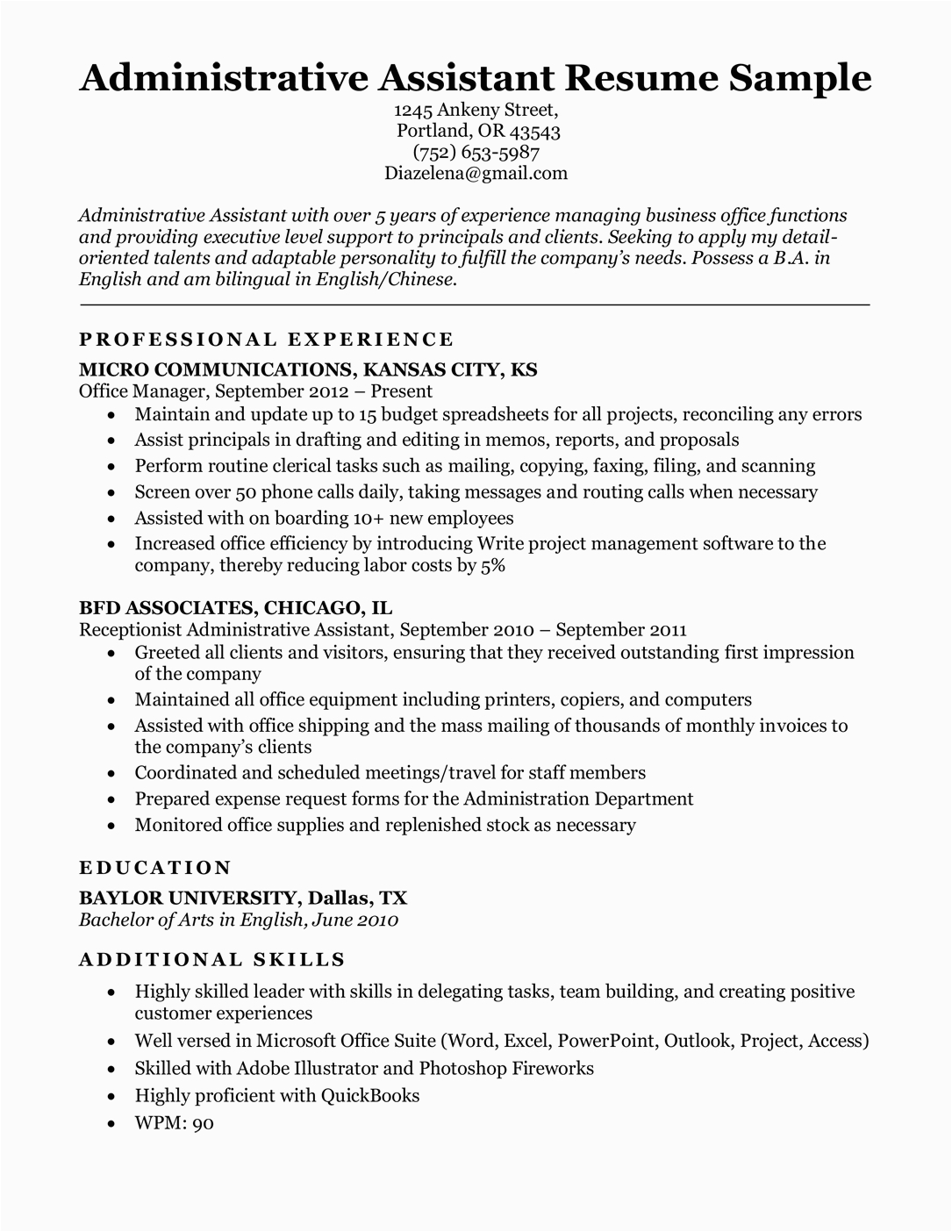 resume bio administrative assistant