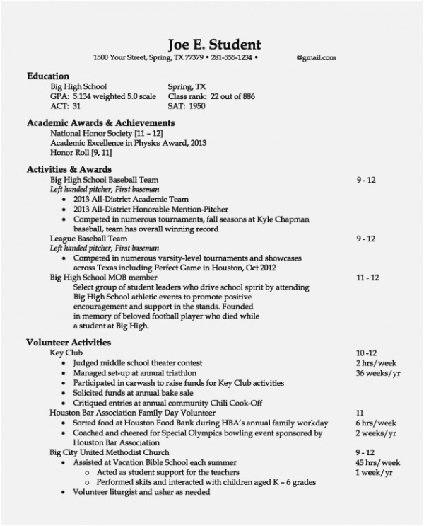 Sample Student Resume for College Application Sample Of Student Resume for College Application