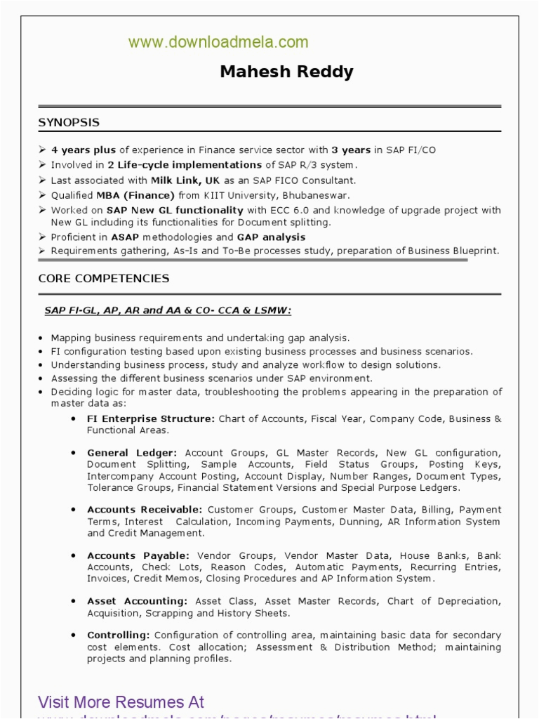 Sap Fico Sample Resume for Experienced Downloadmela Sap Fico 4 Years Experience Resume