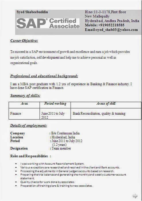 Sap Fico Sample Resume for Experienced Sap Fico Experience Cv