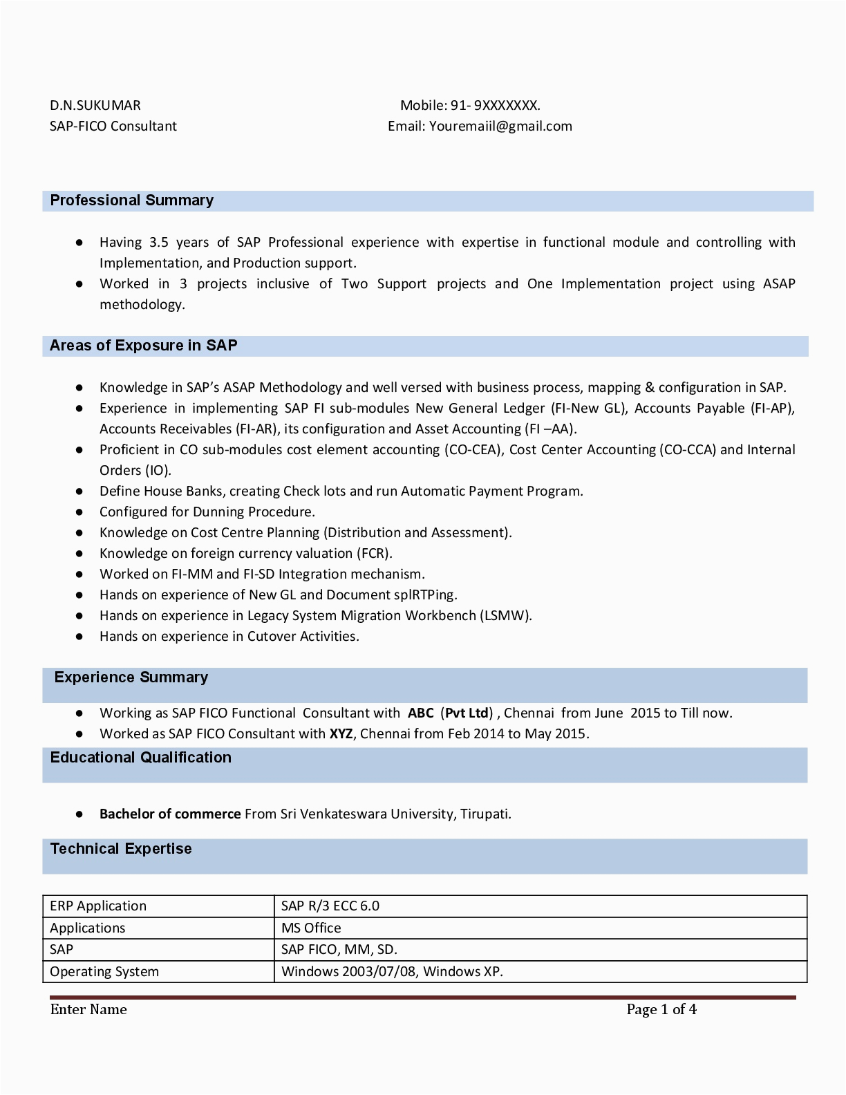 Sap Fico Sample Resume for Experienced Sap Fico Resume Sample Resume Sample