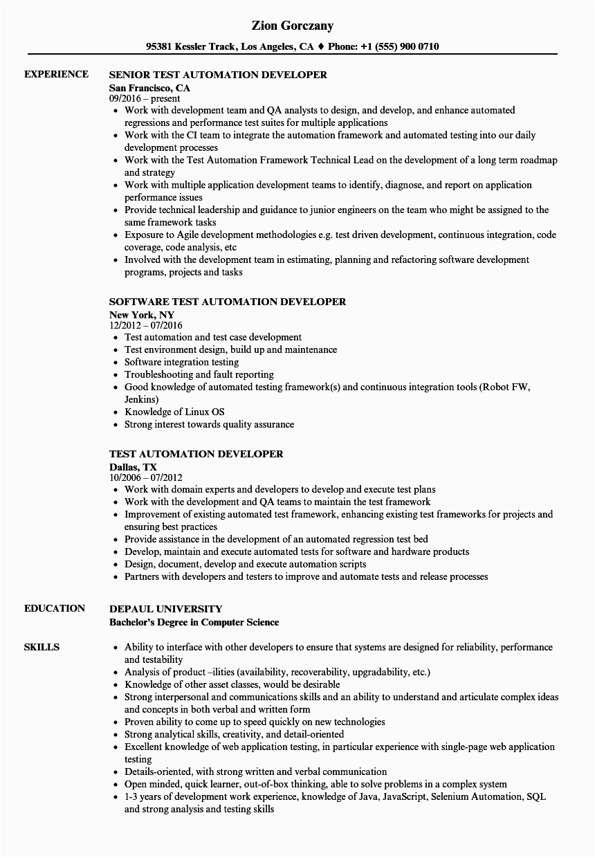 test automation developer resume sample