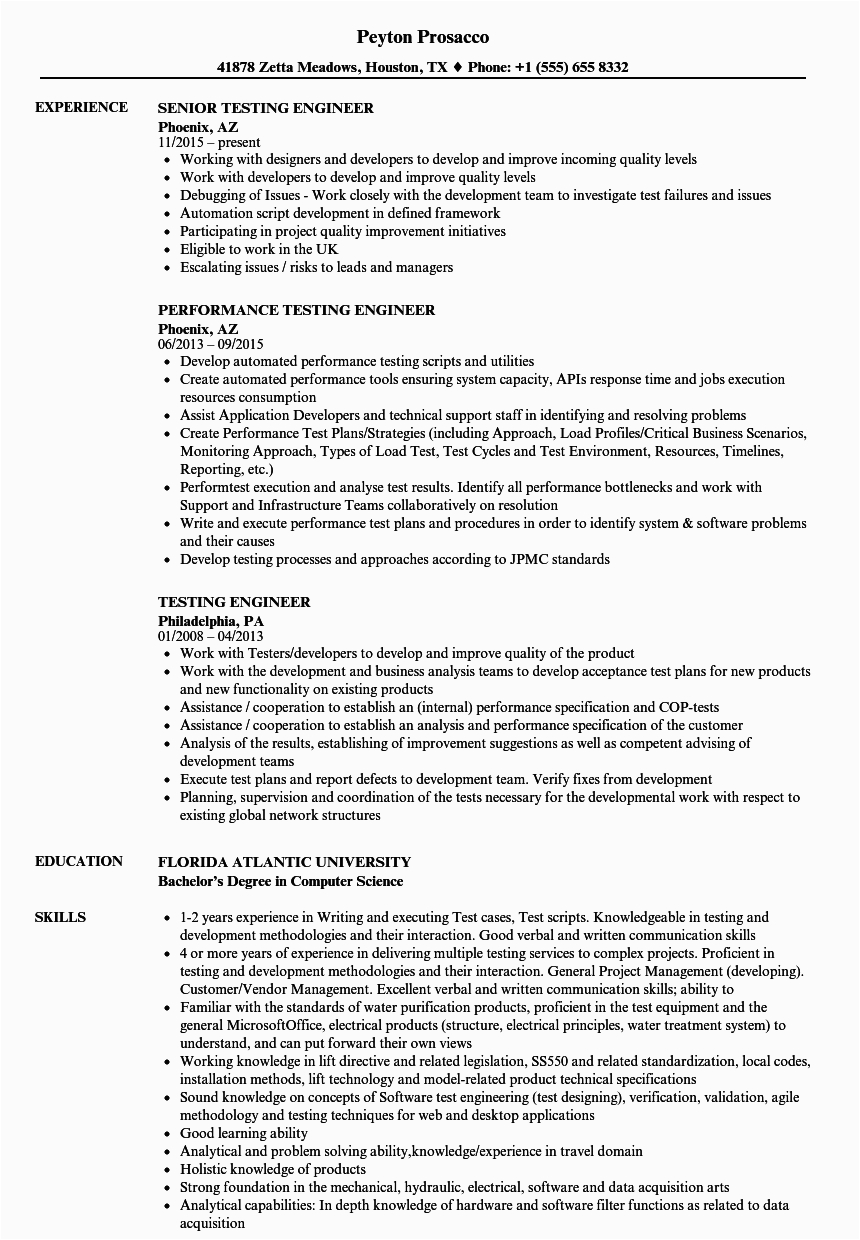 testing engineer resume sample