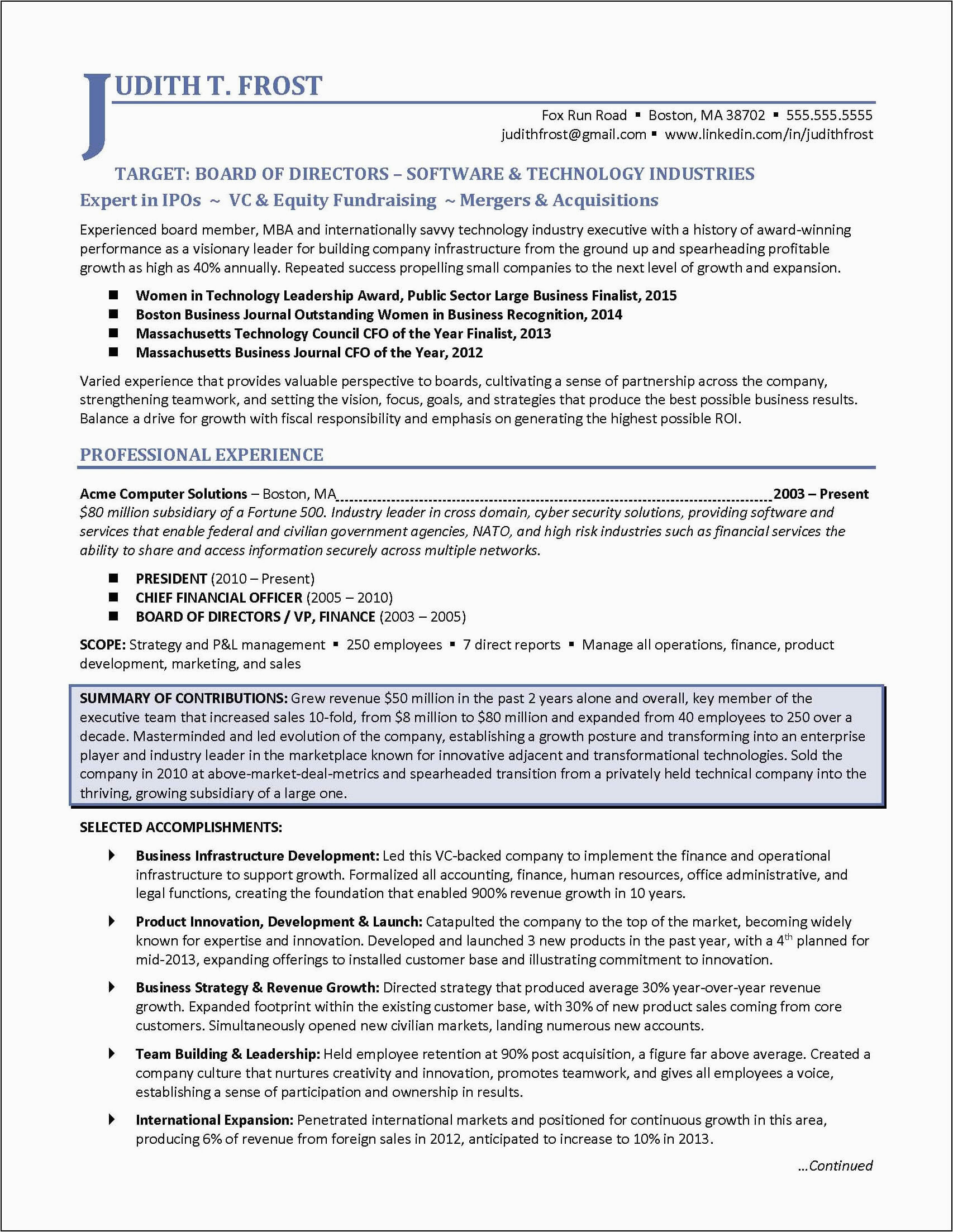 Non Profit Board Of Directors Resume Sample Board Of Directors Resume Example for Corporate or Nonprofit