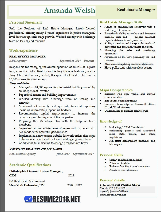 real estate manager resume examples 2018