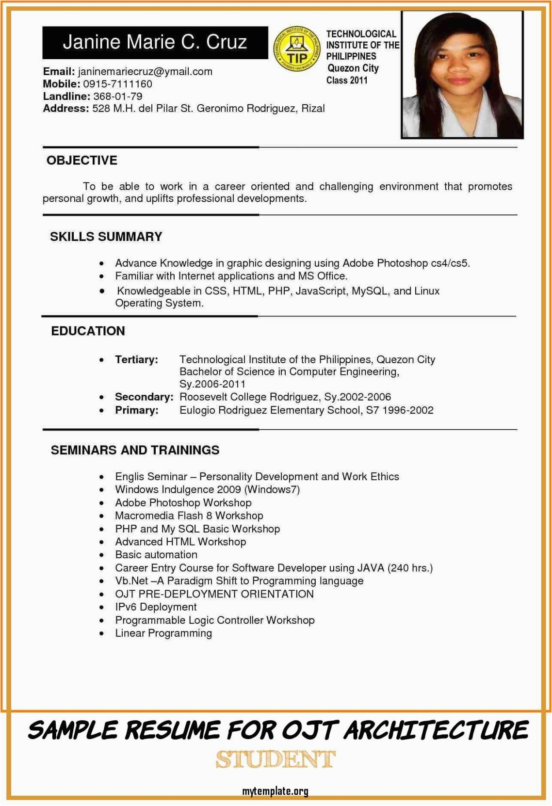 sample resume for ojt architecture student of resume sample format in philippines valid 6 example
