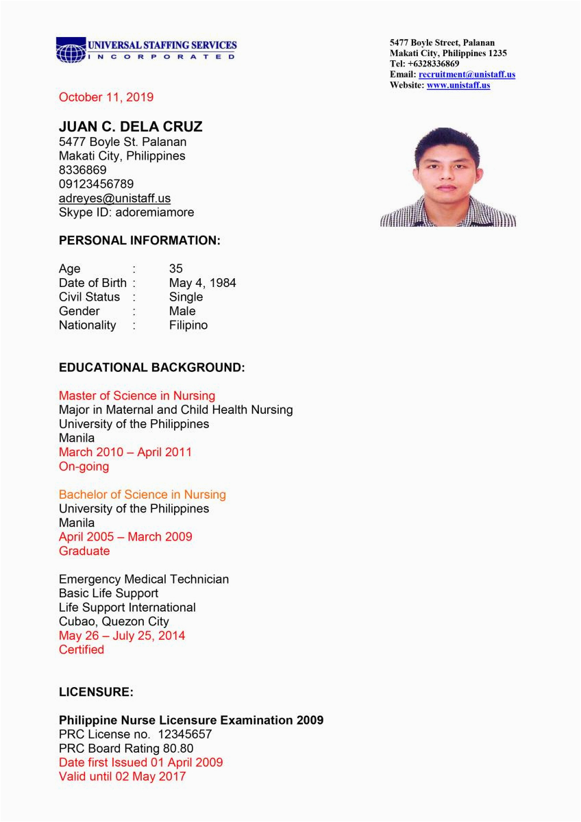 Sample Of Simple Resume In Philippines Resume with Picture Philippines