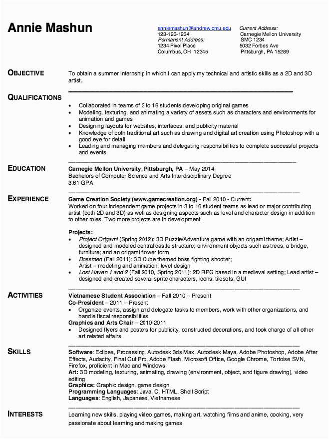 technical and artistic skills resume sample