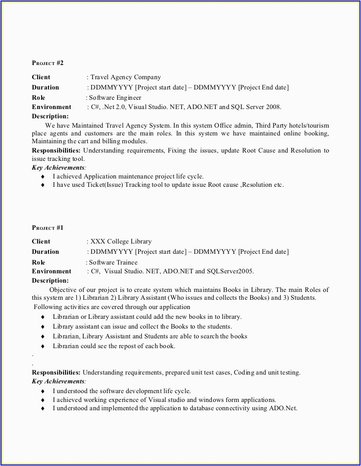 sample resume for dot net developer fresher