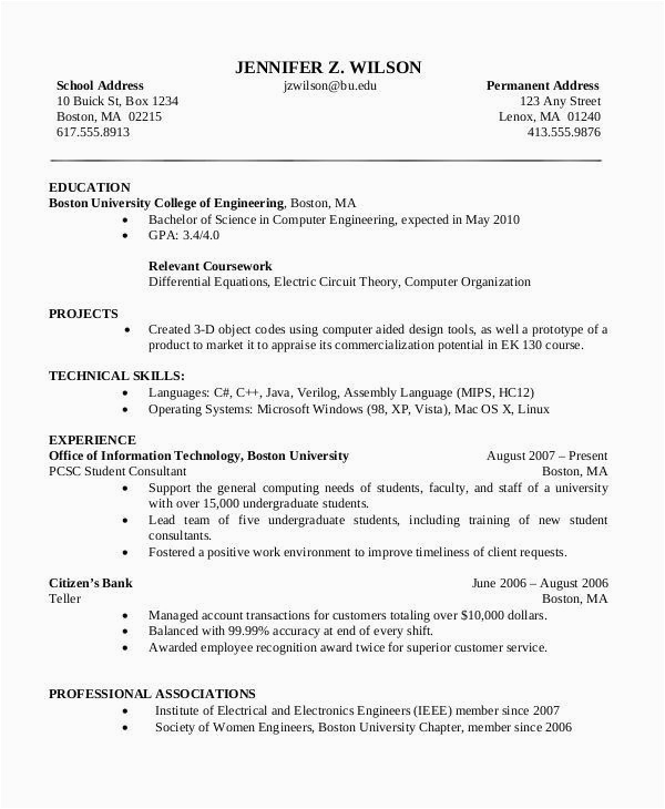 resume format for puter science
