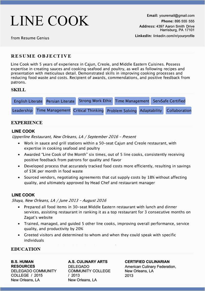 line cook resume example