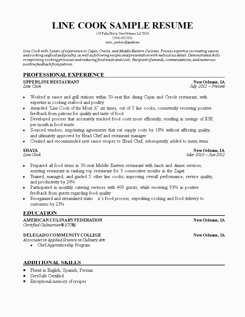 line cook resume sample