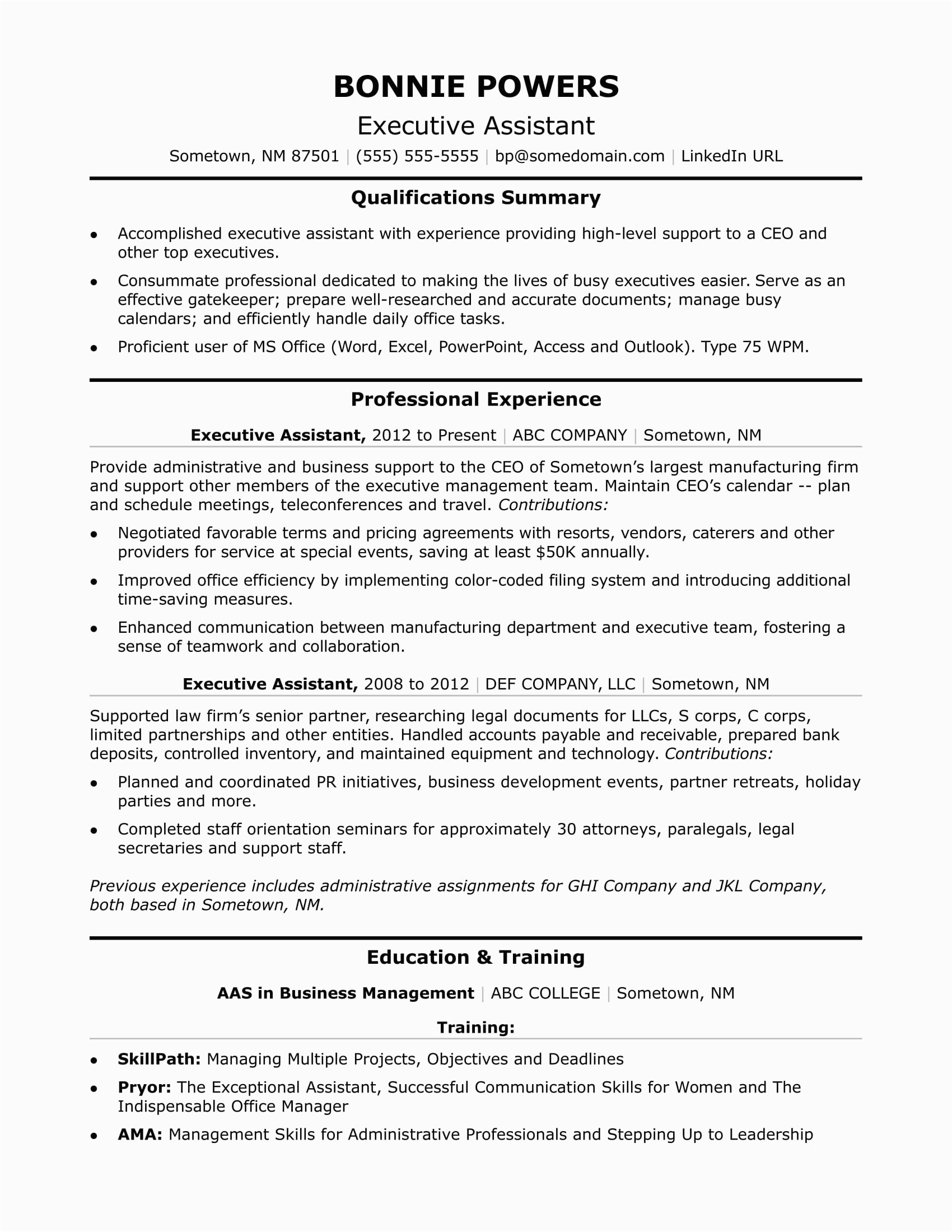 sample resume executive assistant