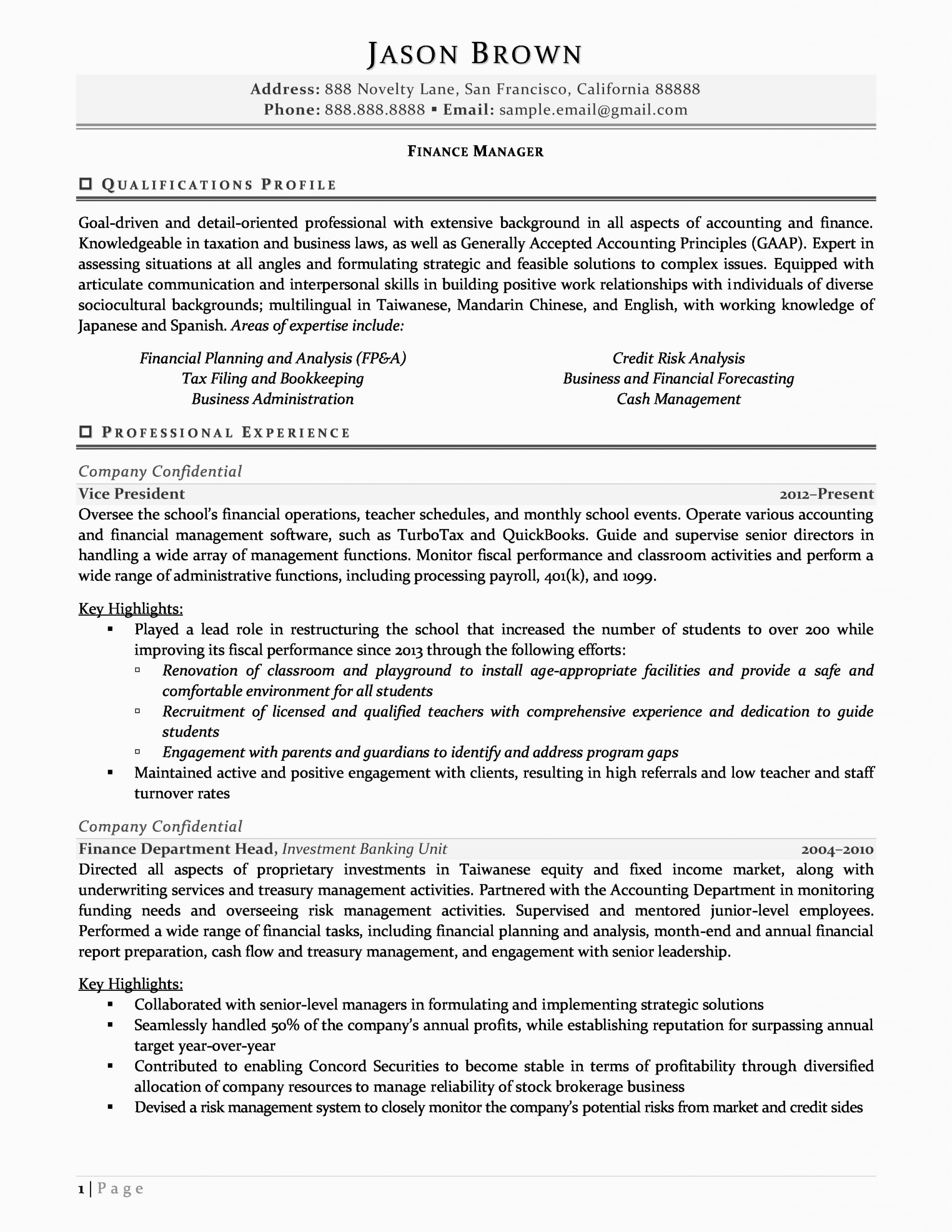 finance manager resume examples