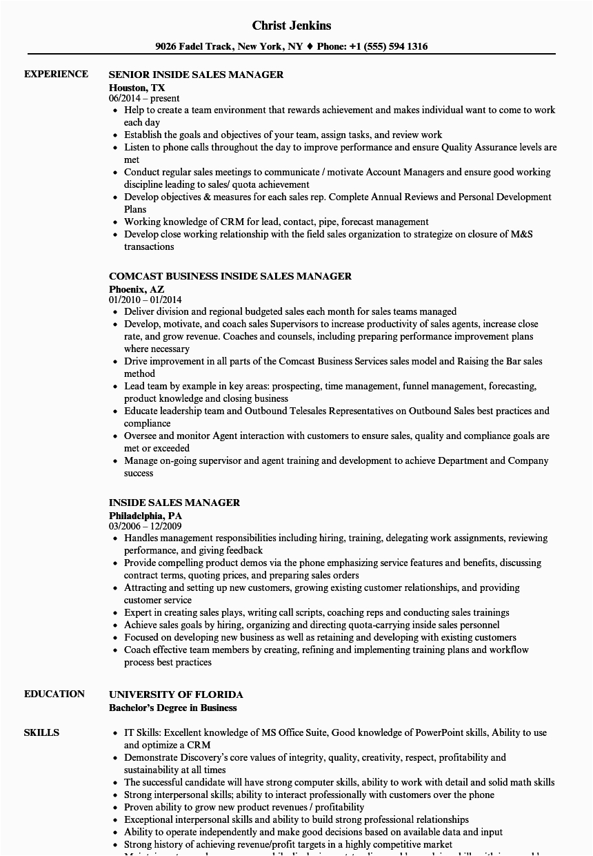 inside sales manager resume sample