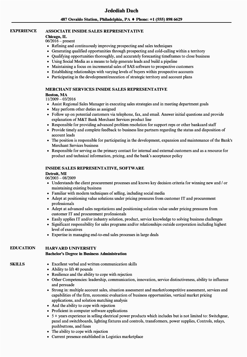 sales representative inside sales resume sample