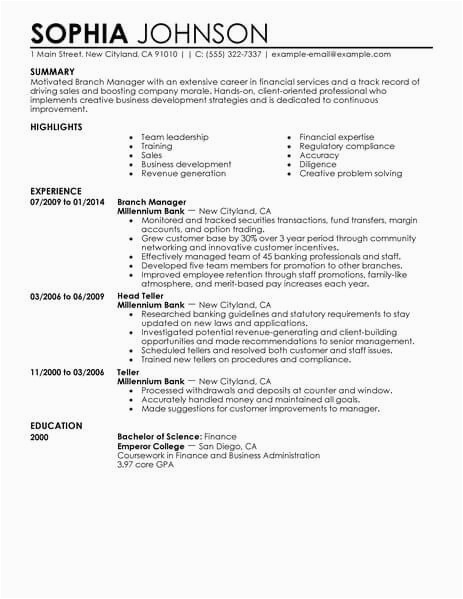 branch manager resume example
