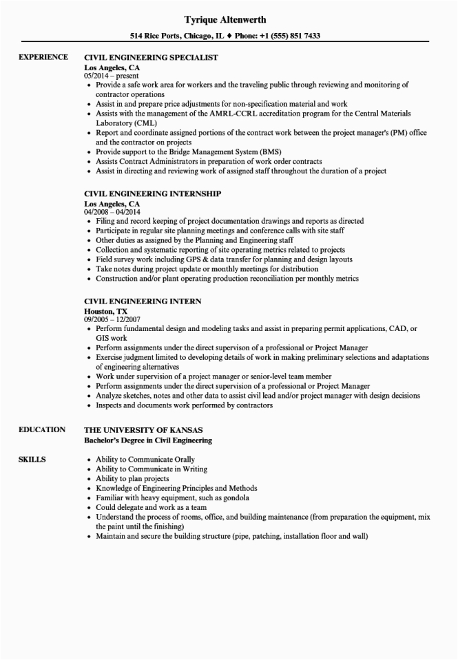civil engineering internship resume