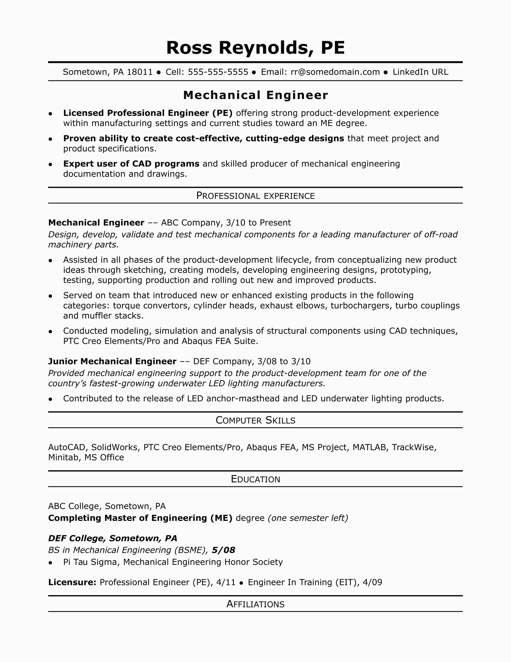 Sample Resume for Mechanical Engineer In Construction Sample Resume for A Midlevel Mechanical Engineer