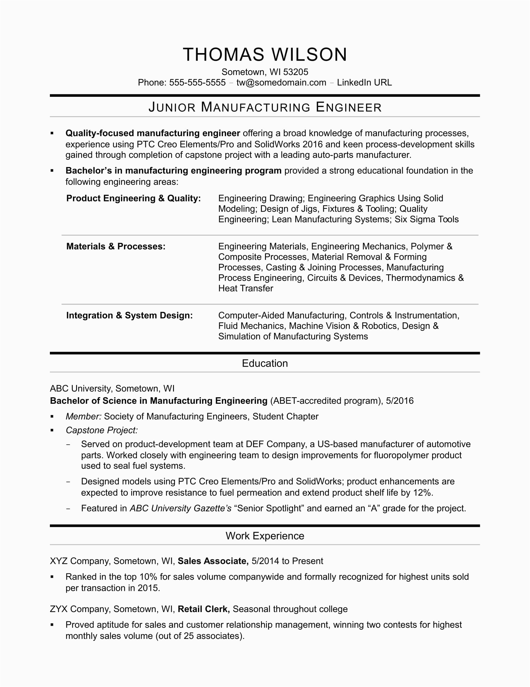 Sample Resume for Mechanical Production Engineer Manufacturing Engineer Resume