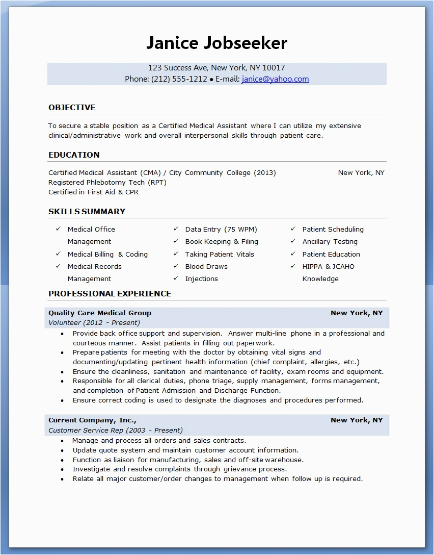 sample of medical assistant resume 2016