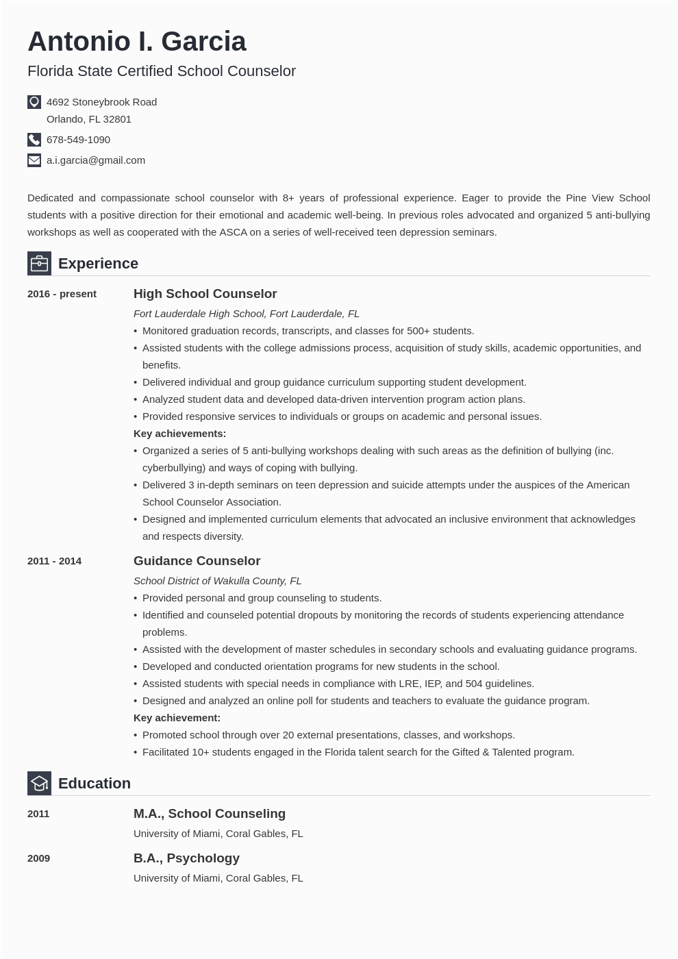 school counselor resume example