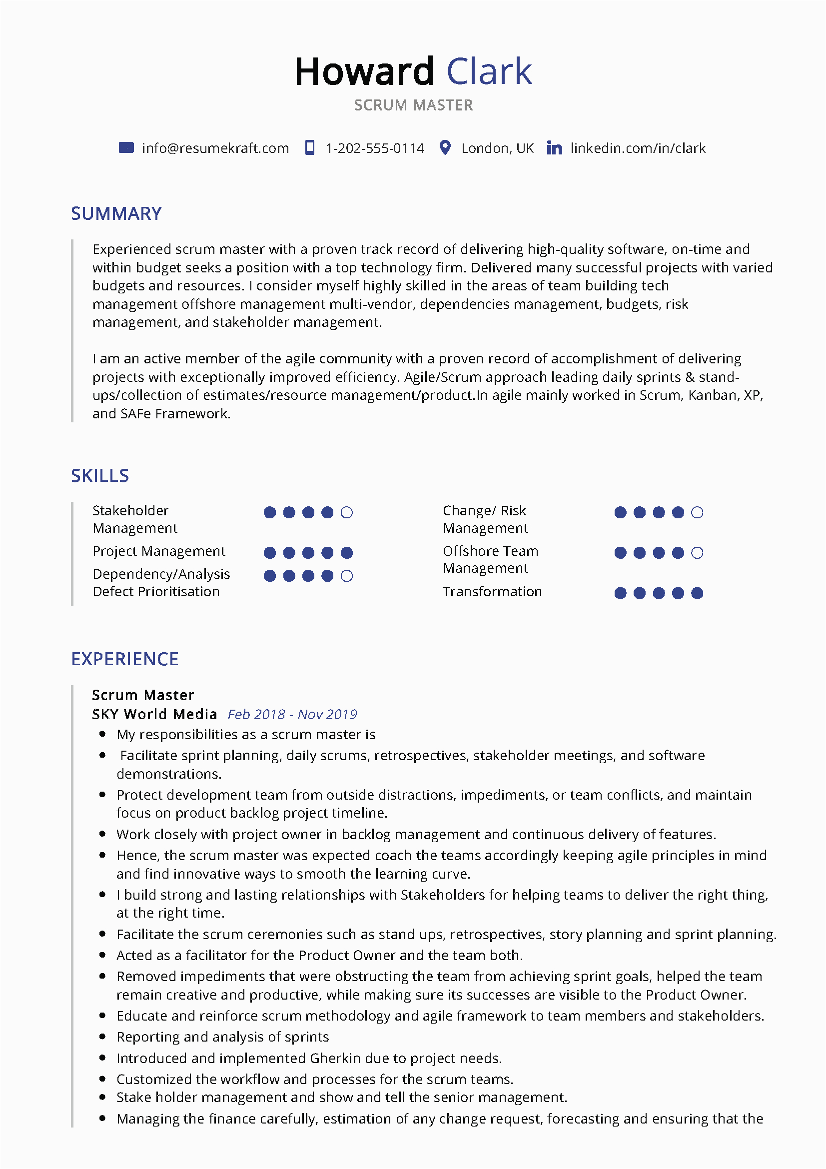 scrum master resume sample