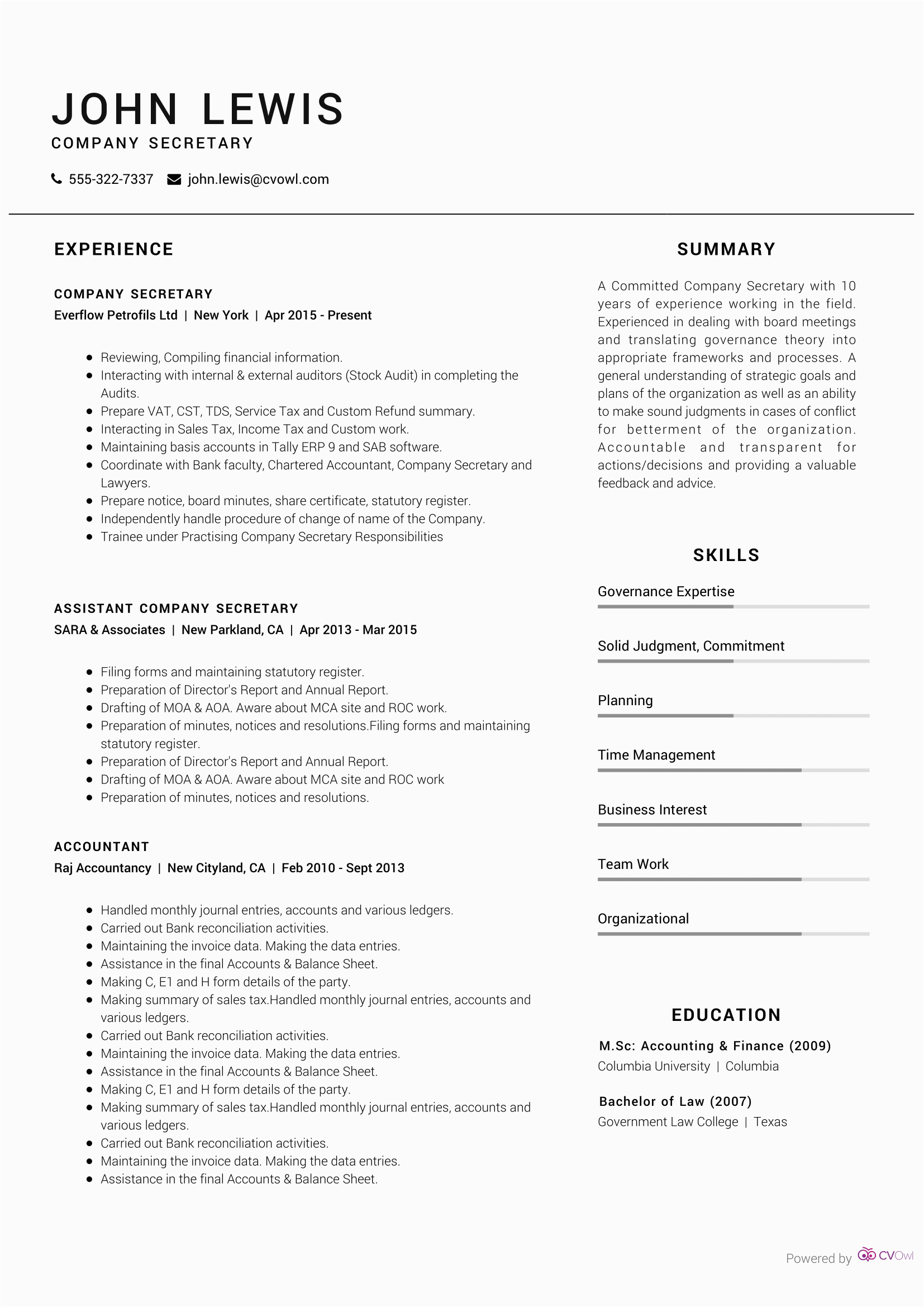 Sample Resume for Secretary Of the Company Pany Secretary Resume Sample