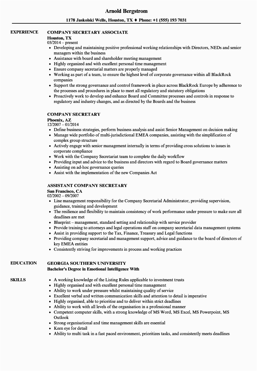 Sample Resume for Secretary Of the Company Sample Cv for Pany Secretary Sample Pany Secretary