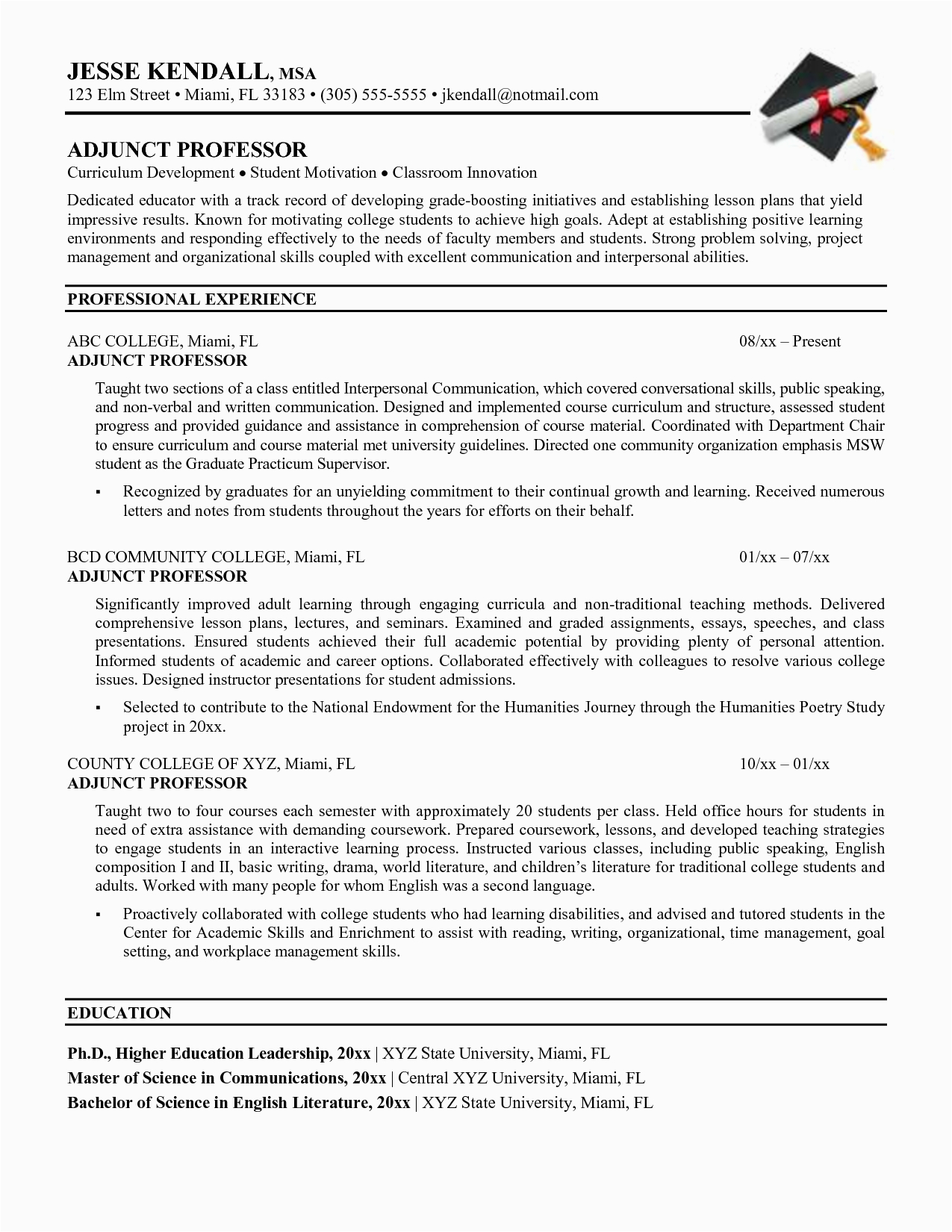 Sample Resume for Teaching Position In College Sample Resume for Faculty Position Engineering Adjunct
