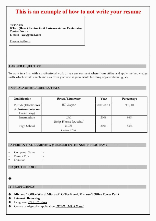 resume samples for freshers engineer pdf