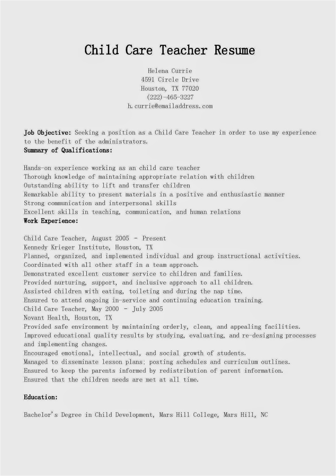 child care teacher resume sample