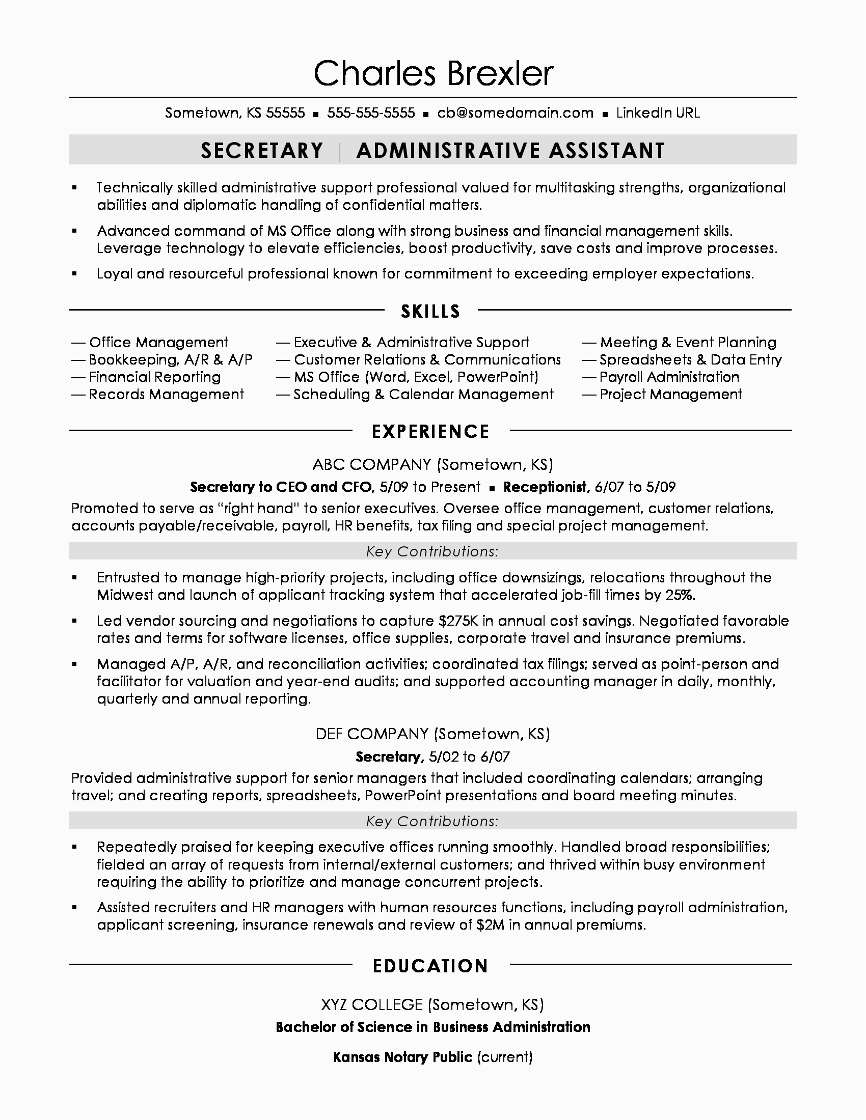secretary resume sample
