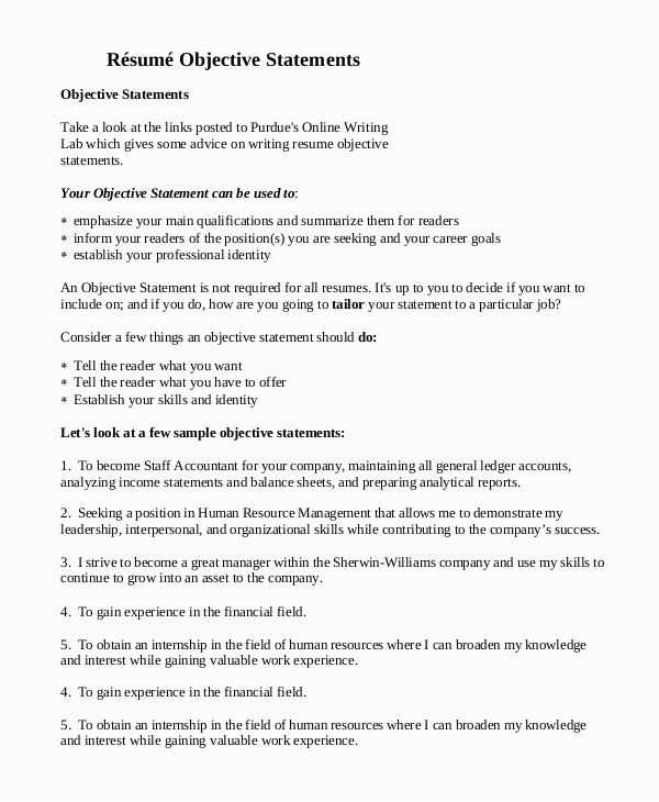 Sample Resume Objective Statements for Accounting Free 7 Sample Objectives for Resume Templates In Pdf