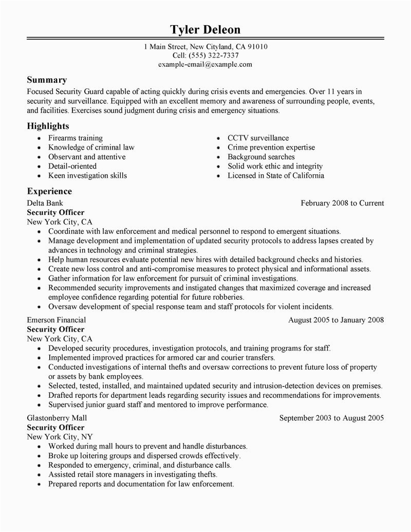 Sample Resume Objectives for Security Officer Security Ficer Resume Examples