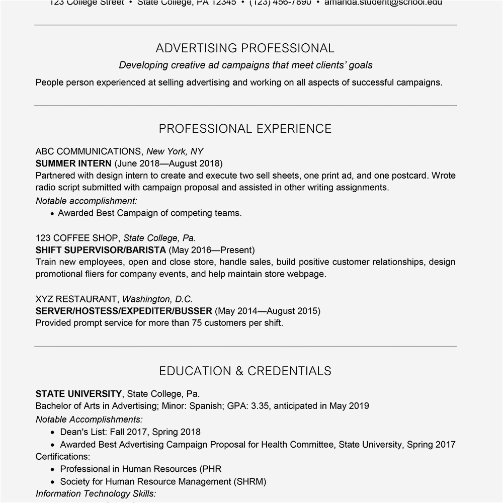 college student resume skills examples