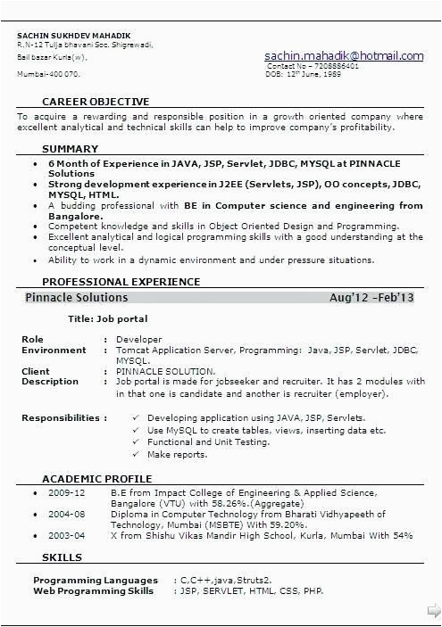 6 Months Experience Resume Sample In software Engineer Resume format for 6 Months Experienced software Engineer