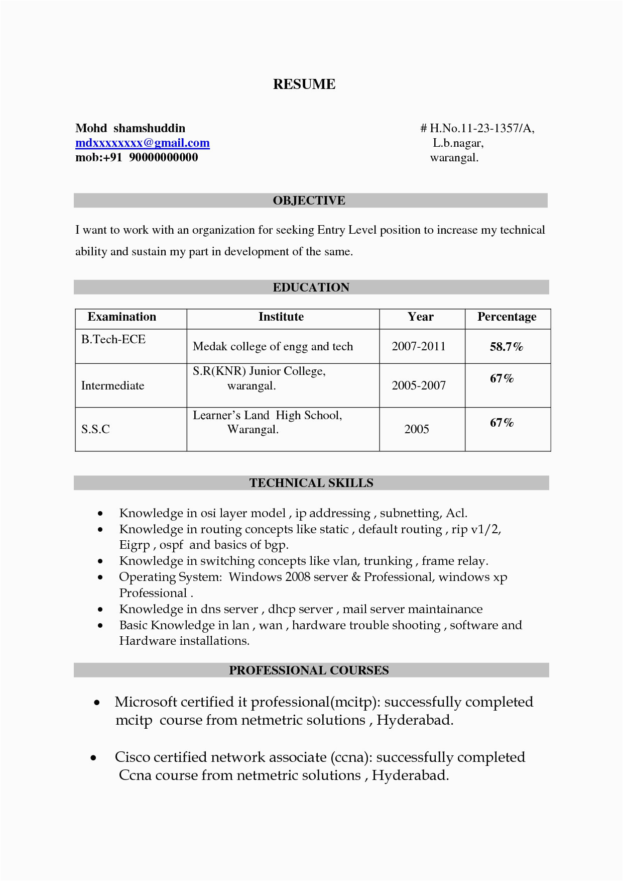 ccnp resume sample for freshers