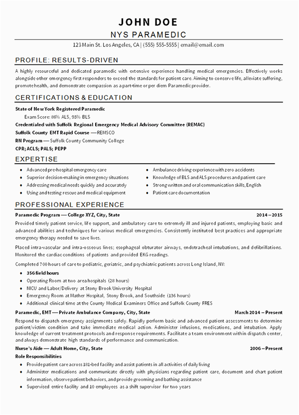 Emt Resume Samples for New Emt Emt Paramedic Resume Example