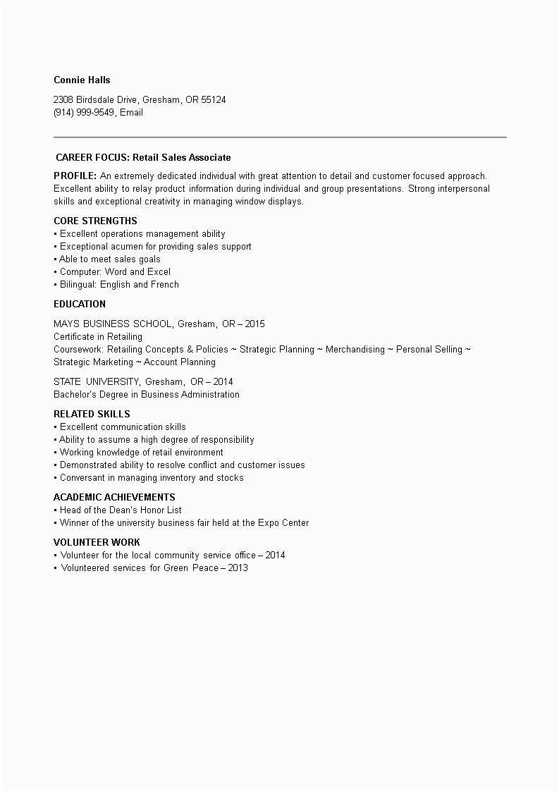entry level retail sales associate resume