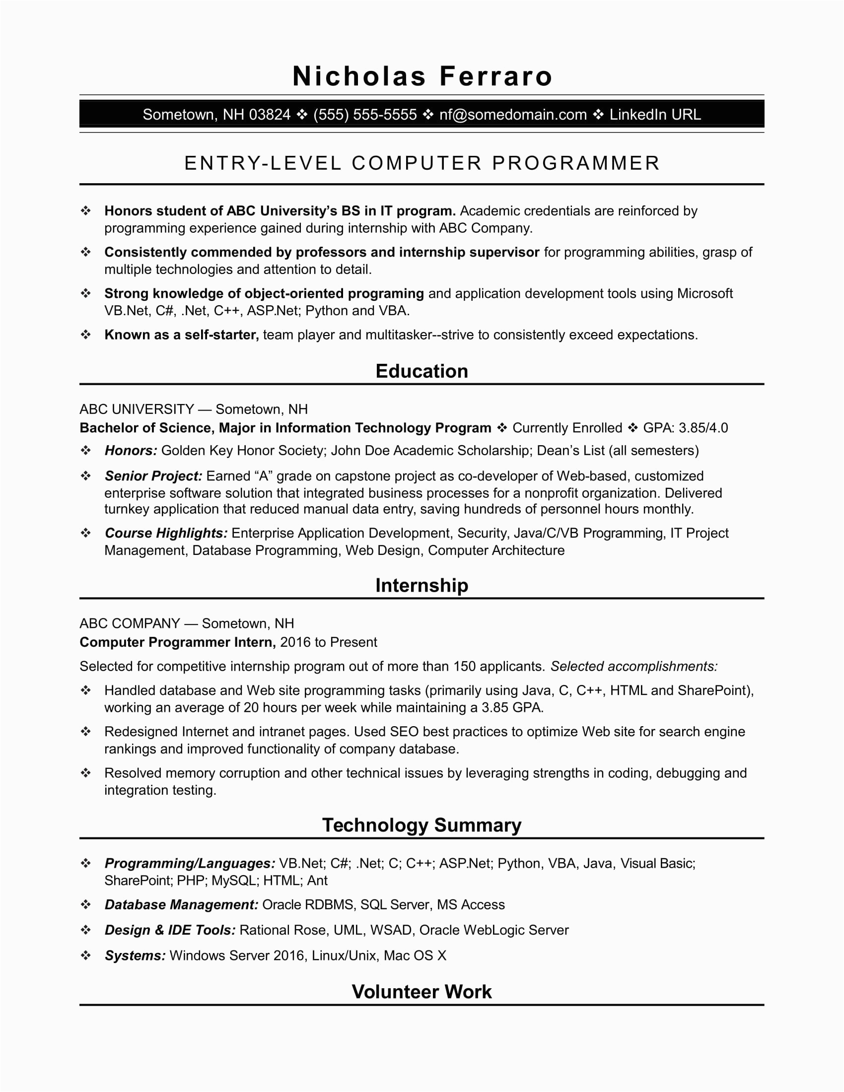 entry level software developer resume