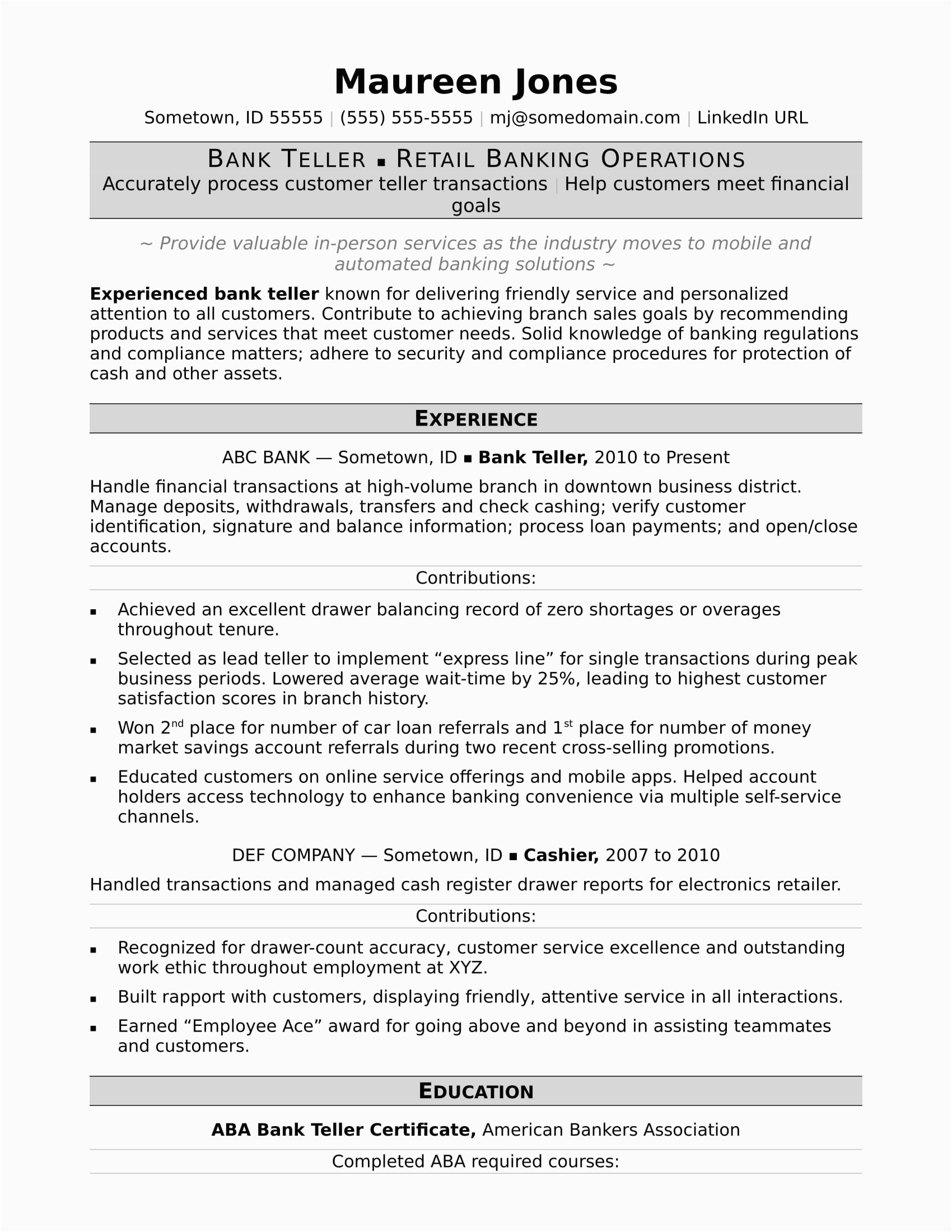 bank teller resume sample