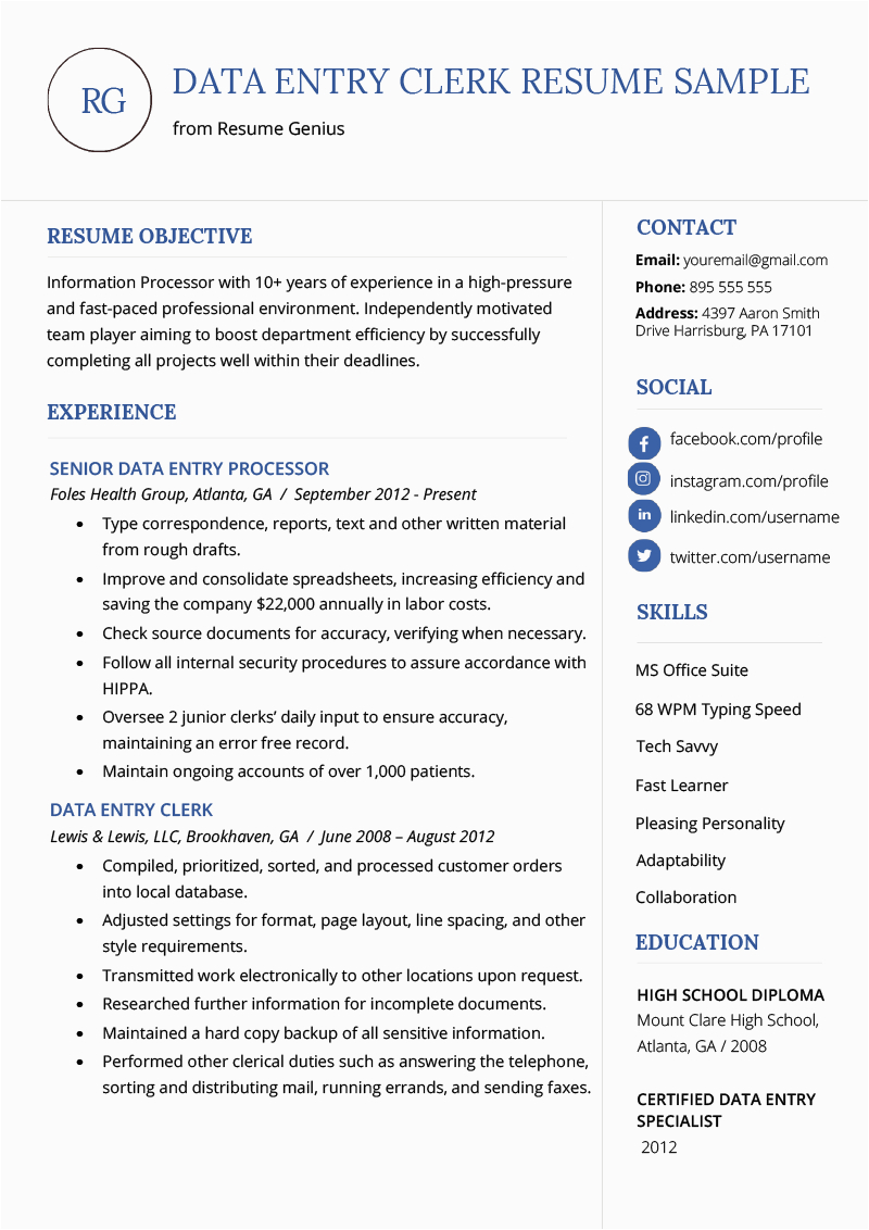 Free Sample Resume for Data Entry Data Entry Resume Sample & Writing Guide