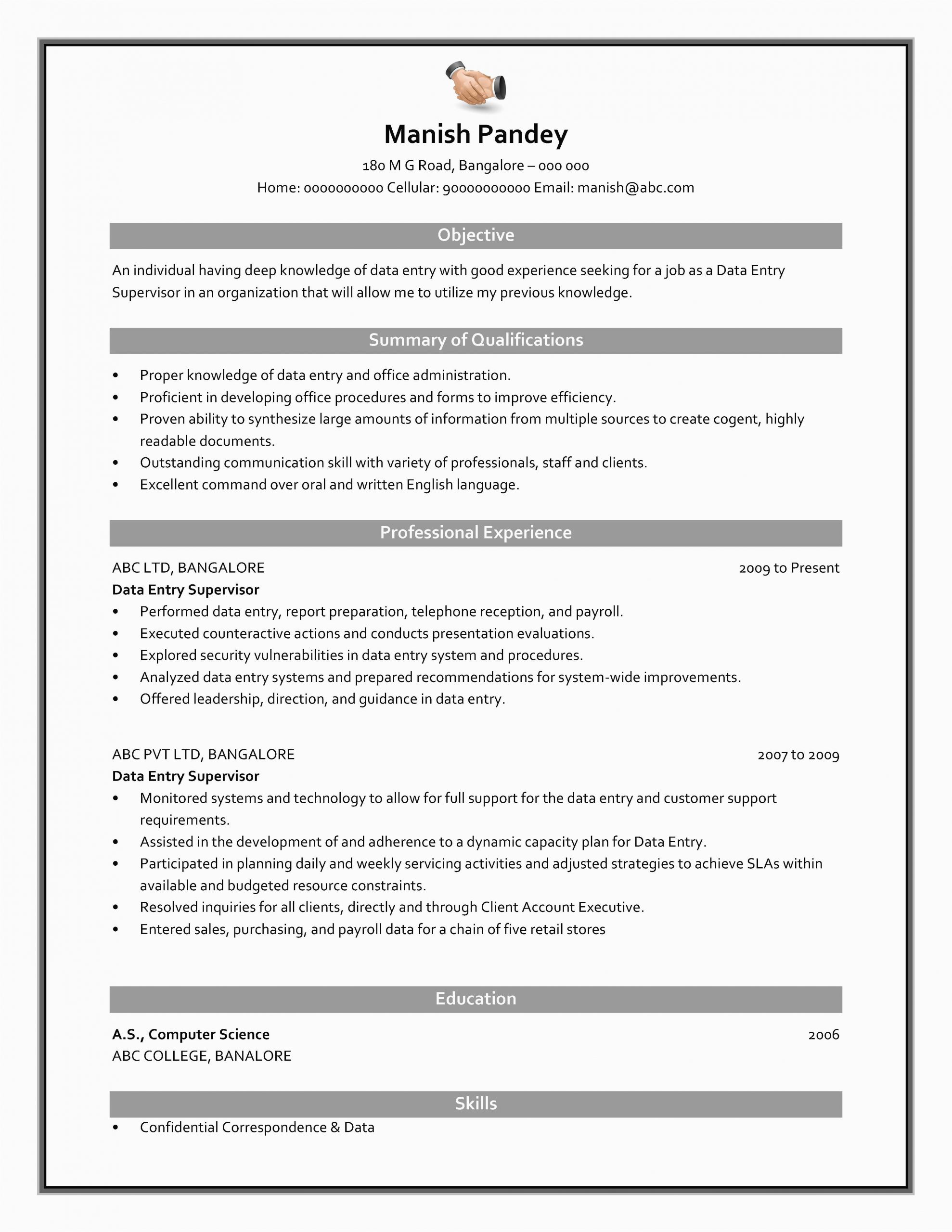 Free Sample Resume for Data Entry Data Entry Supervisor Resume Sample Pdf format