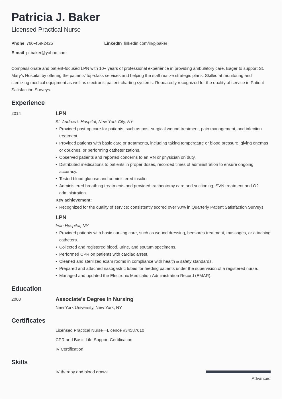 lpn resume example