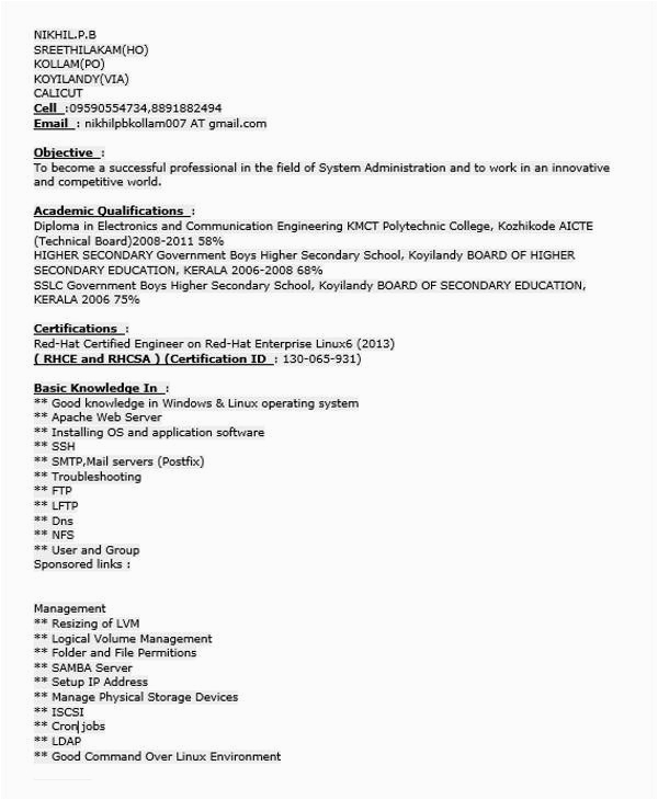 fresher resume examples