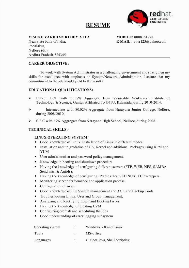 system administrator fresher resume